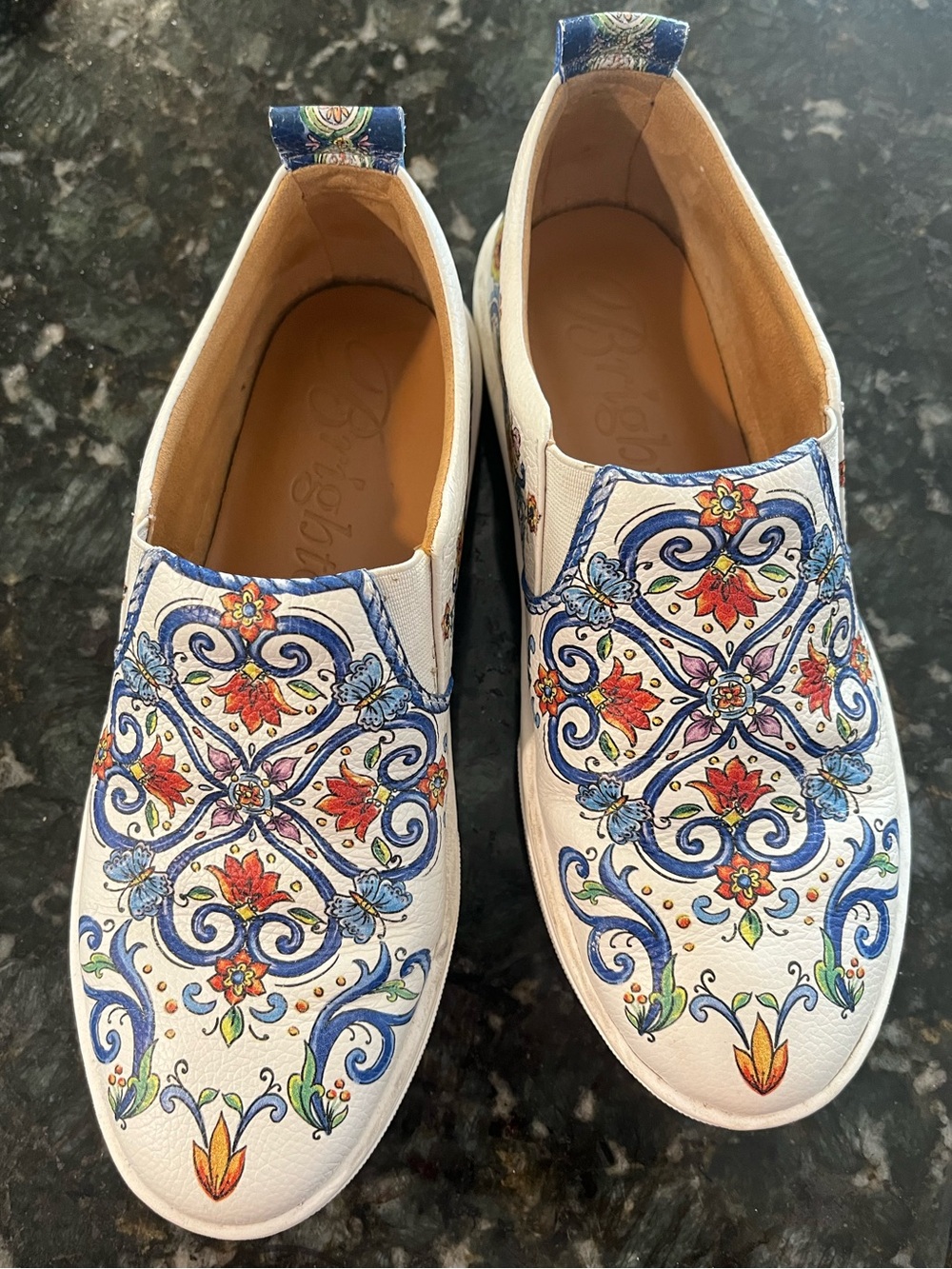 Brighton Slip-on Leather Sneakers. Mediterranean Tile Design. Size 5 1/2